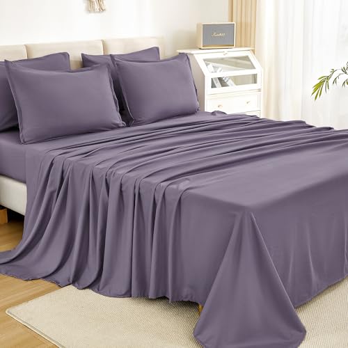 Litanika Queen Comforter Set Grey Purple - 7 Pieces Bed in a Bag Queen Bedding Comforter Sets, Solid Lightweight Bed Set with Comforter, Sheets, Pillowcases & Shams