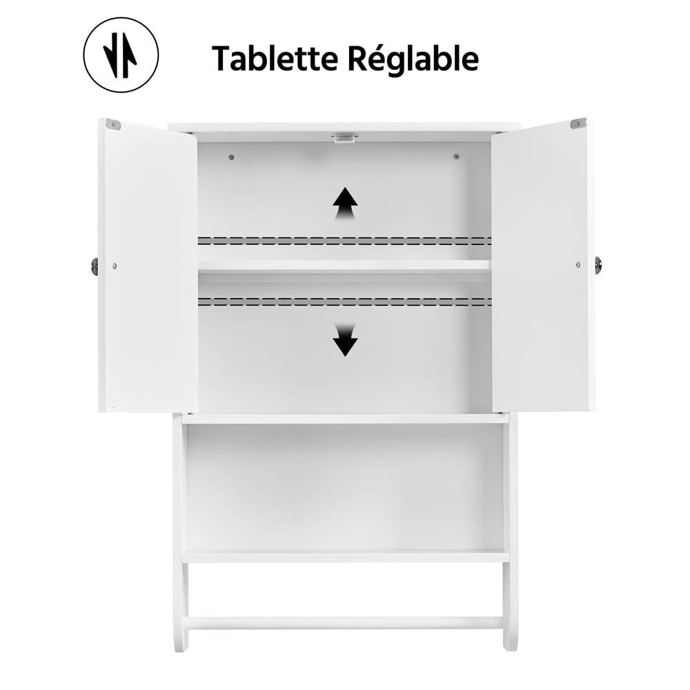 Yaheetech Armoire Murale Suspendus de Salle de Bain 48,5 × 14 × 73 cm, Armoire de Toilette avec Étagère Réglable, 2 Portes/Compartiment Ouvert/Porte-Serviette Blanc