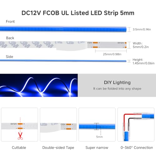 Image of BTF-LIGHTING FCOB COB LED Strip Blue Color 5mm Width UL Listed Super Narrow Flexible Uniform Light DC12V 16.4FT CRI 90+ Dimmable LED Ribbon for Bedroom Home Indoor Decor(No Adapter or Controller)
