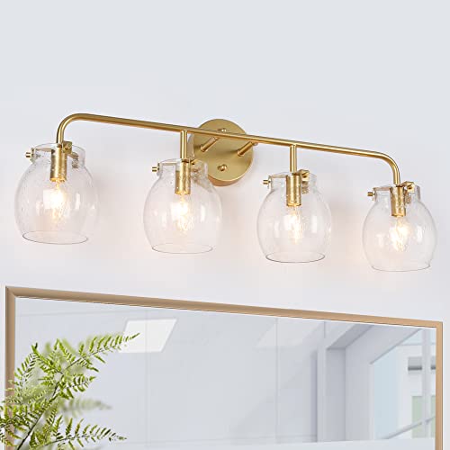 Durent Lighting Gold Vanity Lights, Modern Seeded Glass Bathroom Light Fixtures, 4 Light Bathroom Lighting Over Mirror,29" L x 7" W x 10" H