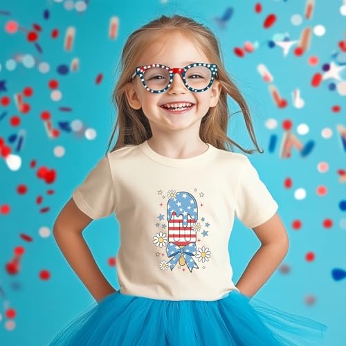 Image of Girl American Flag Shirts Bow Tshirt 4th of July Shirt Cotton Short Sleeve Tees 2-12 Years