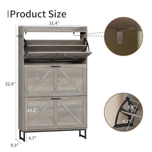 Image of Shoe Cabinet with 3 Flip Drawers, Freestanding Hidden Shoe Storage Organizer for Entryway, Narrow Slim Shoe Rack Cabinet with Open Storage & Hooks for Front Door Entrance, Living Room, Hallway, Grey