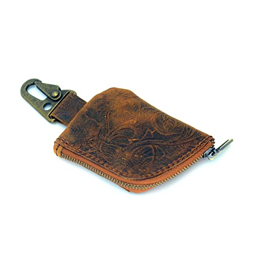 JJNUSA Genuine Leather Zipper Coin Purse Wallet With Key Car Smart, Change Purse, Coin Pouch Holder For Men Flower Brown2