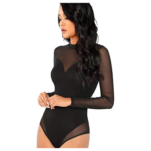 SOLY HUX Mujeres Sexy Manga Larga Delgado Body Leotardo Bodycon Malla Jumper Mono