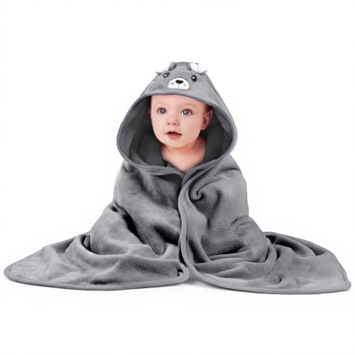 DiULi Toalla de Baño con Capucha para Bebé, 80 * 80cm Toallas Bebe con Capucha, Capa de Baño Suave y Absorbente, Albornoz para Niños, Lavable a Máquina, Regalos para Bebes Recién Nacidos (Oso Gris)