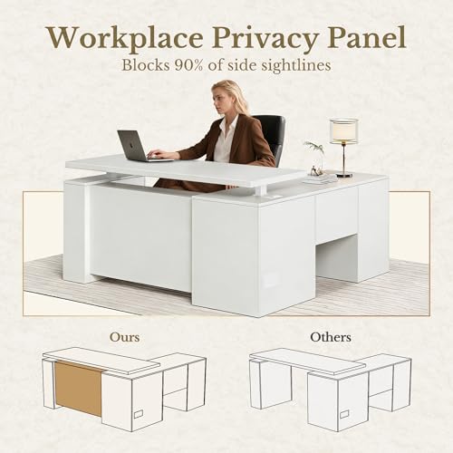 Image of 63 Inches L Shaped Electric Standing Desk, Height Adjustable Executive Desk with Drawers and File Cabinet, AC /USB, 1.18 inch Desktop and Privacy Panel for Home Office, White