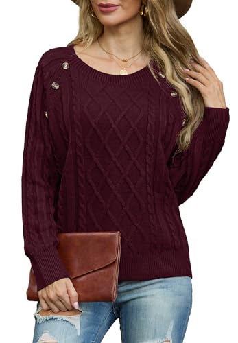 GRECERELLE Pullover Damen Elegant Strick Winter Klassische Langarm Rundhals Tops Strickpullover Damen Sweater Herbst (Weinrot, XL)
