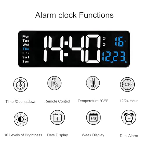 Horloge murale digitale LED grand écran 16 pouces télécommande température