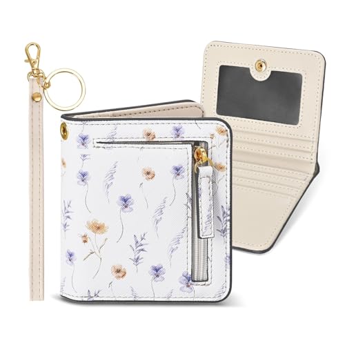 COSHAYSOO Personalized RFID Slim Bifold Wallet for Women Teen Girls with Wristlet Keychain, Cream Floral Small Wallets Woman Cute Easter Basket Stuffers Birthday Gifts for College Teenager Flower