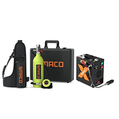 SMACO S400 1L Scuba Tank Mini Scuba Diving Tank—DOT Certified Tank with 15-20 Minutes Backup Scuba Tank Kit Diving Oxygen Underwater Breathing Device with Aluminum Hard Case S400-d-green