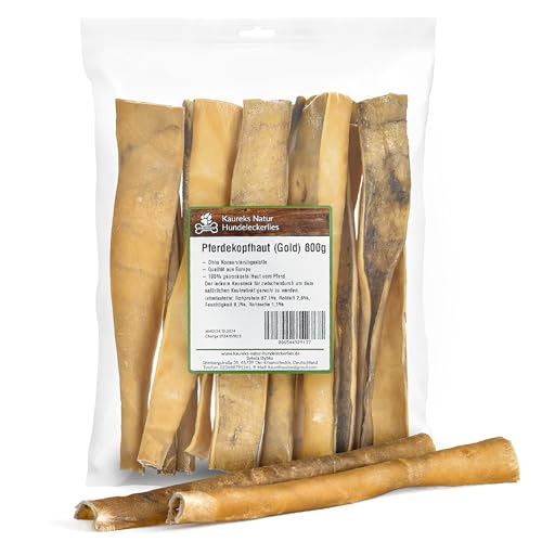 Kaureks Natur Pferdekopfhaut Stangen 800g (Gold) ca. 25-30 cm natürliche Zahnpflege für Hunde, wie Pferdeknochen