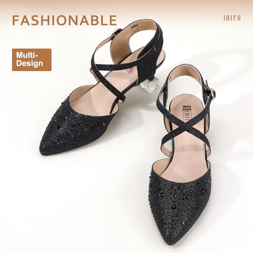 IDIFU IN2 Womens Pumps Closed Toe Low Heel Dress Shoes for Women Pointed Toe Kitten Heels Comfortable Casual Sparkly Rhinestone Wedding Bridal Formal Work Office Prom Party Strappy Ankle Strap Heels 6