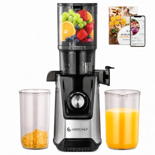 AMZCHEF Extracteur de Jus à Froid, Slow Juicer avec Ouverture 120 mm, Extracteur de Jus de Fruits et Légumes Entiers, Double Filtration, Fonction Inverse,...
