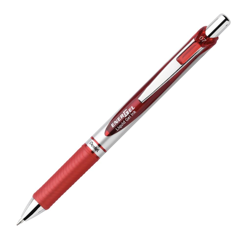 Pentel EnerGel Retractable Liquid Gel Pens, Medium Point, 0.7 mm, Silver Barrel, Red Ink, Pack of 12