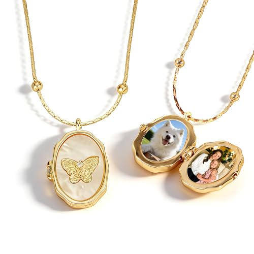 WBW Personalized Photo Locket Necklace Custom Picture Necklace for Women, Vintage Locket Memorial Keepsake Gift for Mom Grandma Wife Her Birthday Mothers Day (Butterfly 2)