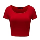 OThread & Co. Women's Basic Crop Tops Stretchy Casual Scoop Neck Cap Sleeve Shirt (Medium, Red)