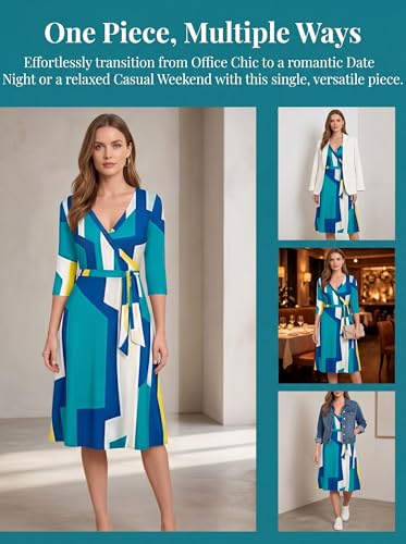 Image of Womens Plus Size Summer Dresses Sexy V Neck Midi Dress Faux Wrap Dress 3 /4 Sleeve Boho Casual Floral A-Line Skirts