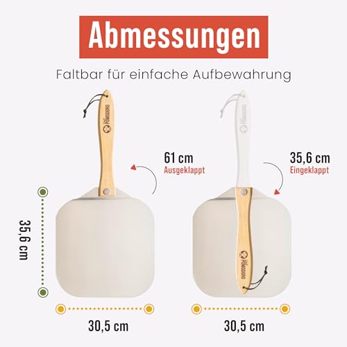 Foto von Chef Pomodoro Pizzaschieber mit einklappbarem Holzgriff, 30,5 x 35,6 cm - Hochwertige Pizzaschaufel aus Aluminium - Gourmet Pizzaheber für hausgemachte Pizzen, Backen, Brot - Pizza Zubehör