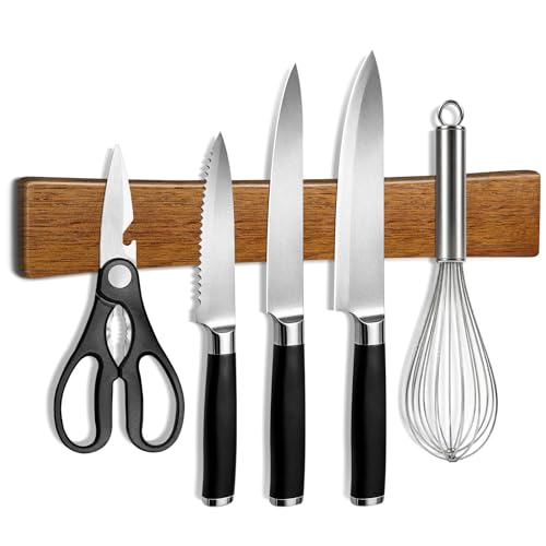 Image of Magnetic Knife Holder for Wall, 16 inch(40cm) Wooden Knife Magnet Strip Rack with Multiple Mount Methods for Refrigerator, Magnetic Tool Holder with Self Adhesive for Kitchen Storage & Organisation