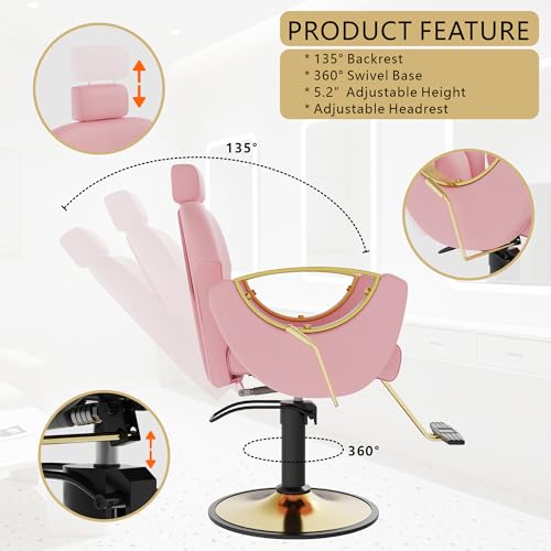 Image of Barber Salon Chair, Reclining Hair Salon Chair, 360 Degrees Swivel Styling Chair, Height Adjustable Hydraulic Shampoo Chairs, Spa Equipment (Pink)