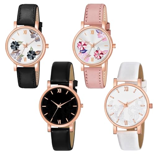 Image of Multicolor Flower Dial Leather Strap Gifts for Women Formal Girl's and Women's Watch Women's Analog Combo Watch for Women (Pack of 4)