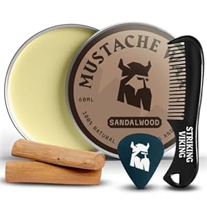 Striking Viking Moustache Wax & Comb Kit – 2 Oz, Medium/Strong Hold, Sandalwood Scent, 1 Pocket Comb – Moustache Grooming Kit for Men – Moisturise, Tame & Style – Non-Greasy, with Beeswax