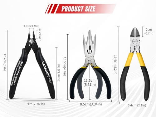 Image of 3-Piece Precision Electronics Pliers Set - 5 Inch Micro Flush Cutters, Diagonal Cutters & Needle Nose Pliers - High Carbon Steel Spring-Loaded Wire Cutters for Electronics Repair, 3D Printing