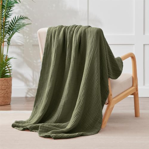 Image of 100% Cotton Muslin Blanket Large 50 inch x 70 inch, Breathable and Lightweight Cotton Throw Blankets for Bed and Couch, Soft Cooling Summer Gauze Blanket for Adults All Season, Olive Green
