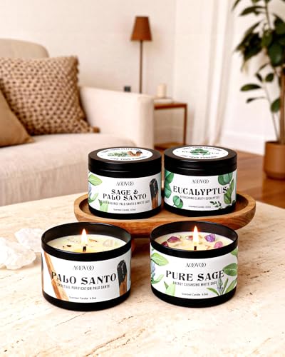 Image of AOOVOO 4 Pack Sage Candles - Sage, Palo Santo, Sage & Palo Santo, Eucalyptus Mint Candle Set with Crystals & Decor, 26oz 200 Hours Long Lasting, Non Toxic Candles for Spiritual House Energy Cleansing