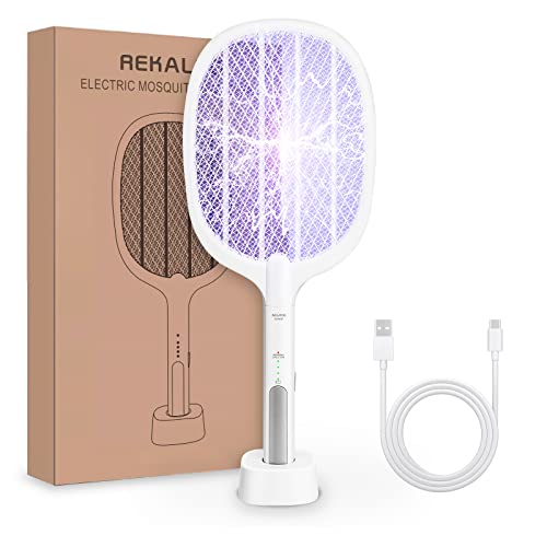 REKALRO Tapette à mouches électrique 2 en 1, attrape-mouches 3000 V, rechargeable par USB, contre les moustiques, double couche de protection, tapette à mouches rechargeable avec base de chargement