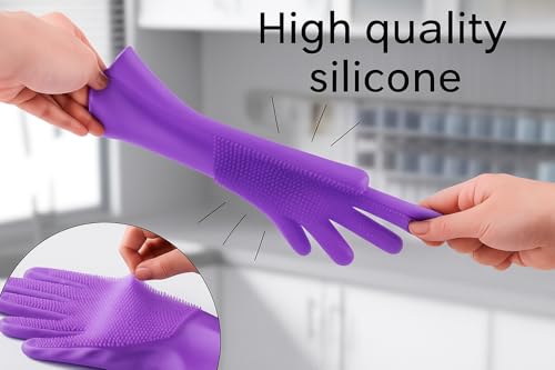 Image of Silicone Cleaning Gloves - Reusable Dishwashing Scrubber Gloves with Bristles - Waterproof, Non-Slip, Durable Kitchen Gloves for Washing Dishes, Car, Bathroom Cleaning (Violet, 1 Pair)