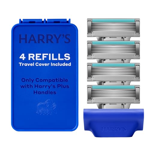 Harrys Plus Razor Refills - 4 Cartridges with Travel Blade Cover - Compact Cartridge Design for Precise Control - Shaving Kit for Men - Only Compatible with Harrys Plus Handles