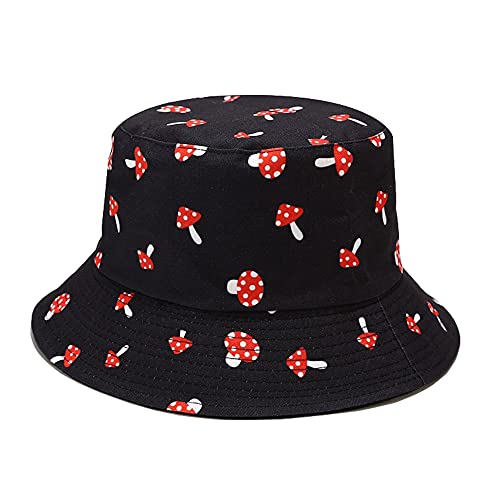 Mashiaoyi Unisex Print Double-Side-Wear Reversible Bucket Hat Mushroom Black