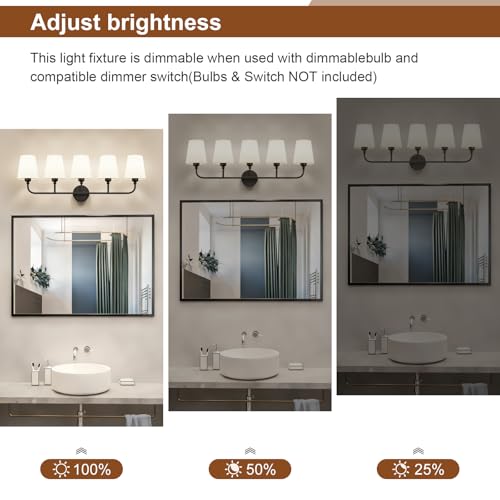 Image of Bathroom Vanity Light, Matte Black Bathroom Lighting Fixtures Over Mirror | 5-Light Bathroom Light Fixtures with Flared White Fabric Shade, E26 Socket (ETL Listed)