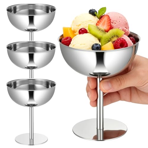 Image of 4PCS Stainless Steel Dessert Bowls, 5oz Ice Cream Cups, Stem Footed Metal Sundae Serving Dishes, Shatterproof Pudding Containers, Reusable Coupe Dessert Cup for Weddings Party Family Gathering(Silver)