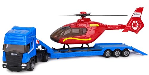 Toyland® Scania Pritschenschlepper mit Hubschrauber - Maßstab 1:48 - Freilauf - Transportspielzeugspielzeug - Fahrzeugsammelobjekte - Jungenspielzeug (Blauer LKW/roter Hubschrauber)