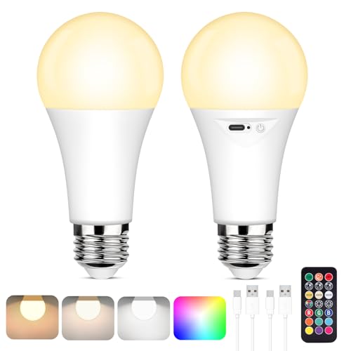 Image of Yochoice Rechargeable Battery Operated Light Bulb with Remote Control, Dimmable LED A19 Bulb with 9 Colors Selectable & 3 Timer, Wireless Light Bulb for Wall Sconce, Non-Hardwired,2 Pack