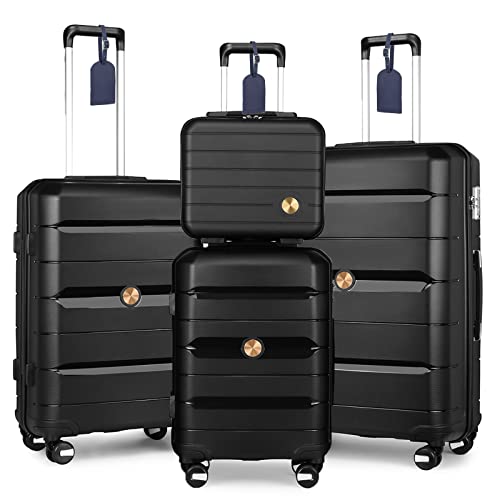 Somago 4 Pieces Luggage Set(14/20/24/28) Pp Lightweight 4 Double Rolling Wheels Suitcase With Tsa Lock & Ykk Zipper Bussiness Trip (Black) #TOP7