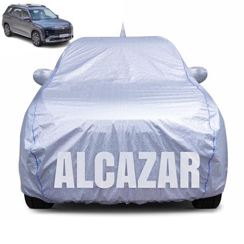Image of 100% Waterproof Car Body Cover for Hyundai Alcazar with Mirror Pocket, Heat & UV Resistant, Triple Stitched, Soft Lining, Bottom Elastic & Piping (Silver Reflective)