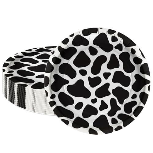 LeZakaa 25Pcs Party Paper Plates - Black Cow Print Design Disposable Plates Decorative Tableware Supplies Table Decor for Birthday Theme Holiday Party - 7 Inch