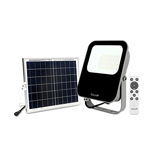 Garza - Foco Solar LED para exterior, 30 W, con mando a distancia, luz fría 6500K regulable, programable, IP65 impermeable, cable de 4.7 m