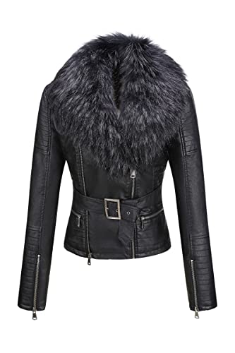 Bellivera Women's Faux Leather Short Jacket Moto Sherpa-Lined Belt Coat With Removable Fur Collar 9203 Black Xl #TOP1