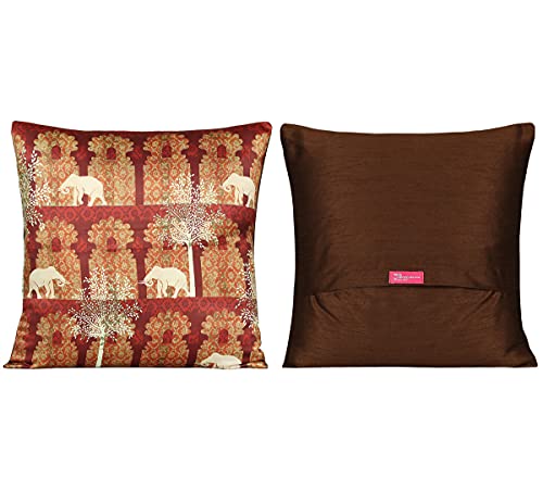 Image of India Circus by Krsnaa Mehta Ancient Haathi Multicolor Satin Blend Cushion Pillow Covers Set of 5 (16 x 16 Inches)