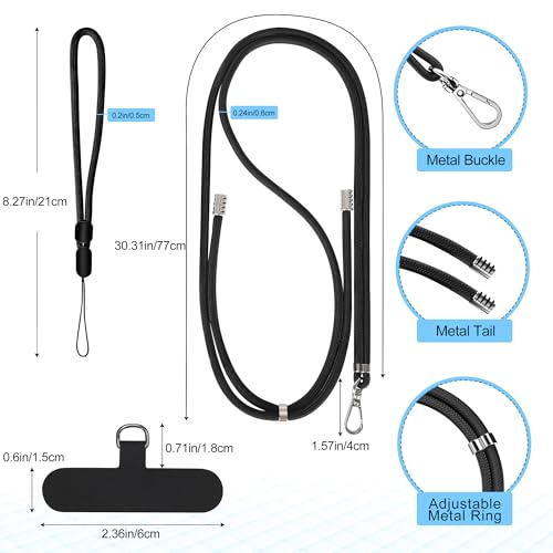 Image of takyu Phone Lanyard, 2 Pack Adjustable Cell Phone Lanyard Crossbody Neck Strap & 2 Pack Phone Wrist Strap with 2 Pcs Tether Tabs Compatible for iPhone Android Smartphones-Black Grey