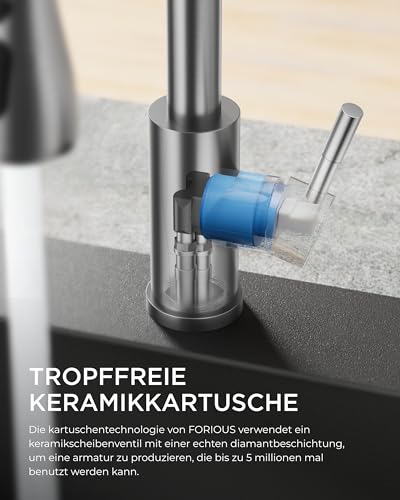 FORIOUS Wasserhahn Küche, Hochdruck Küchenarmatur mit Herausziehbarer Brause Ausziehbar Armatur, Mischbatterie Spültischarmatur, 360° Schwenkbar Zwei Sprühfunktionen, Edelstahl