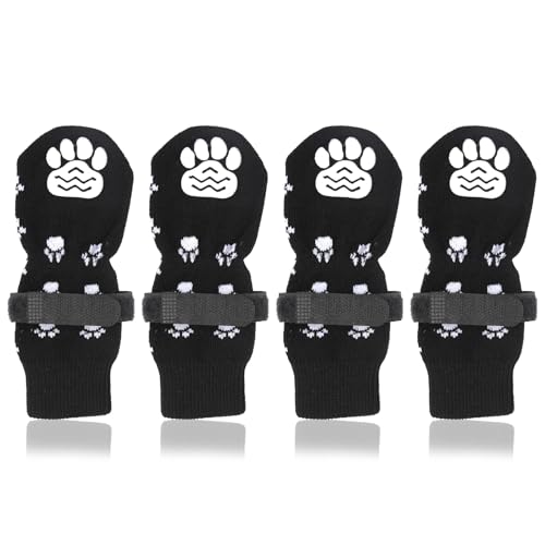 4 Stücke Indoor Anti-Rutsch Socken für Hunde, Anti Rutsch Pfotenschutz Hundesocken Outdoor Indoor Anti-Rutsch Socken für Kleiner Hund Weicher Verstellbarer Pfotenschutz mit Klettverschluss Schwarz (S)