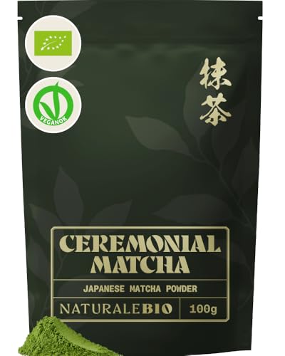 NaturaleBio Organic Ceremonial Grade Matcha Powder, 100g. From Uji, Kyoto for Traditional Japanese Tea Ceremony. Green Tea Free of Added Sugars and Preservatives option