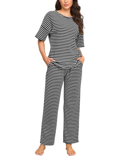 Image of JiniGolla Womens Pajama Sets Waffle Knit Short Sleeve Shirt with Long Pajama Pants Soft Sleepwear Pj Lounge Sets