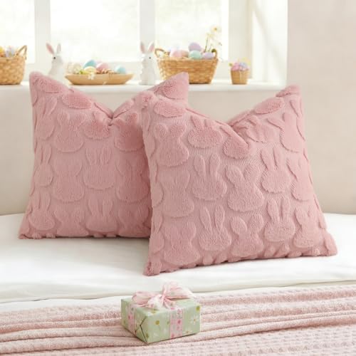 Image of decorUhome Easter Bunny Pillow Covers 20x20 Inch Set of 2, Soft Plush Faux Wool Jacquard Pink Rabbit Cushion Covers, Farmhouse Neutral Spring Easter Holiday Decor for Couch Sofa Bed