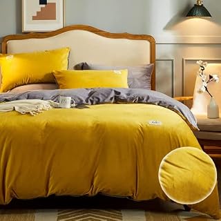 Beyeutao Soft Flannel Double Duvet Cover Warmth Bedding Set Solid Color Yellow Grey Duvet Cover Double Size Set 3 Pieces Bedding Set with Velvet Duvet Cover Pillowcases. (Yellow+Grey, Double)